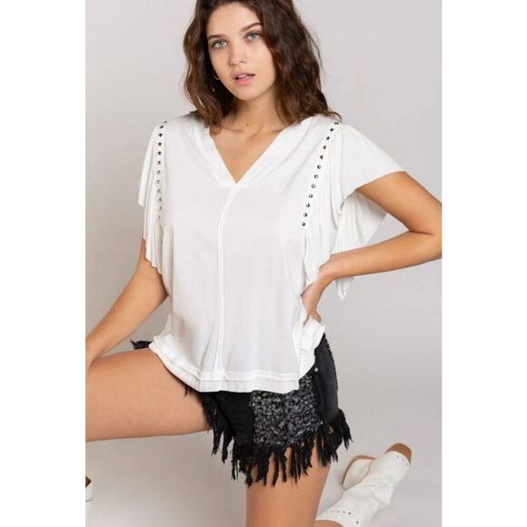 POL Studded V-Neck Top With Flutter Sleeve Off White Size L - Picture 11 of 11